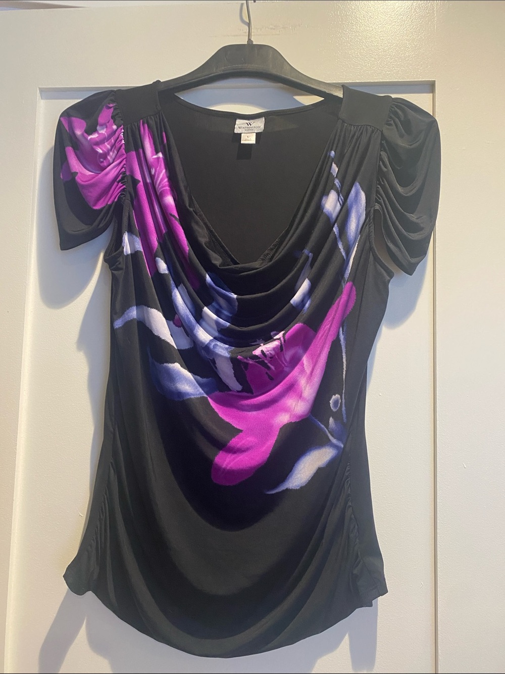 Worthington Black Top with Purple Floral Draped Cowl Neck. Elegant style. Size L